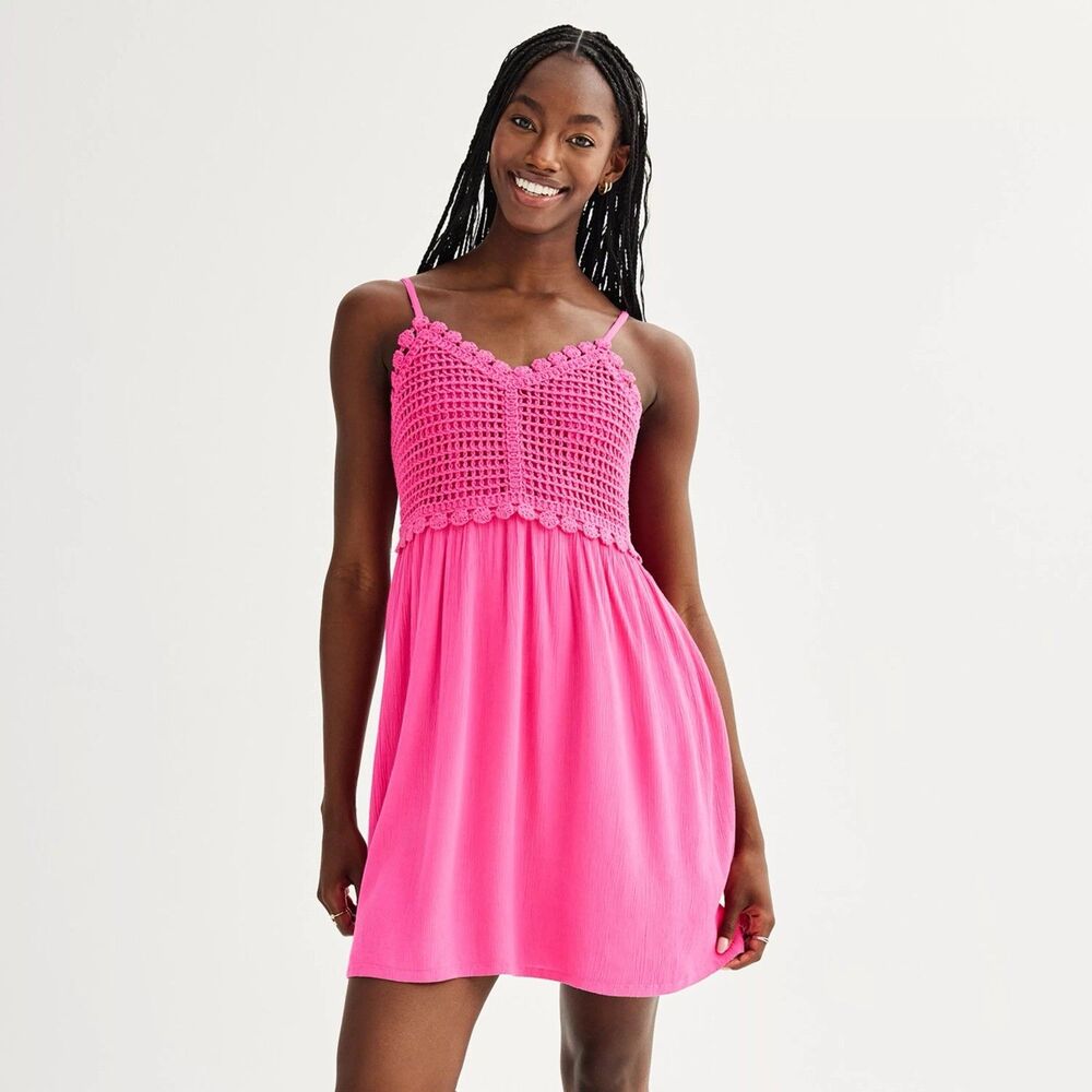 Juniors SO Mini Dress Size XL Babydoll Fuchsia Crochet Mixed Media Cami NWT
